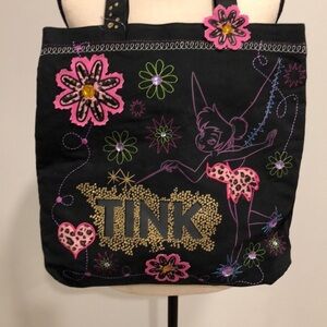 Tinker bell Peter Pan Disney large shopping bag tote black NWT floral embroidery